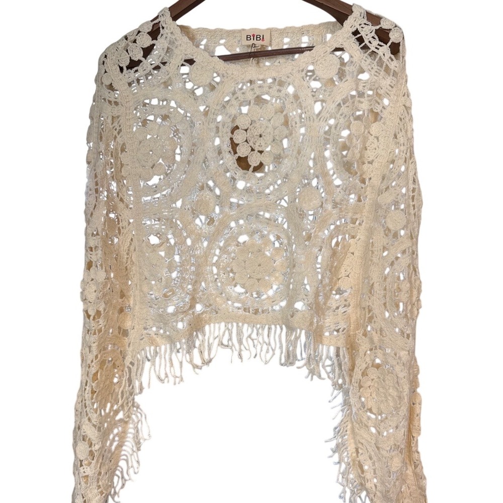 BIBI Womens Oatmeal Crochet Lace Fringe Cropped Sweater Boho Long Sleeve Large - Picture 2 of 5